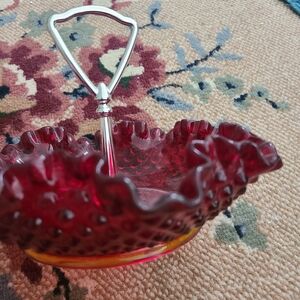 Fenton Ruby Red Glass Hobnail Center Handle Ruffled Edge Candy Nut Dish